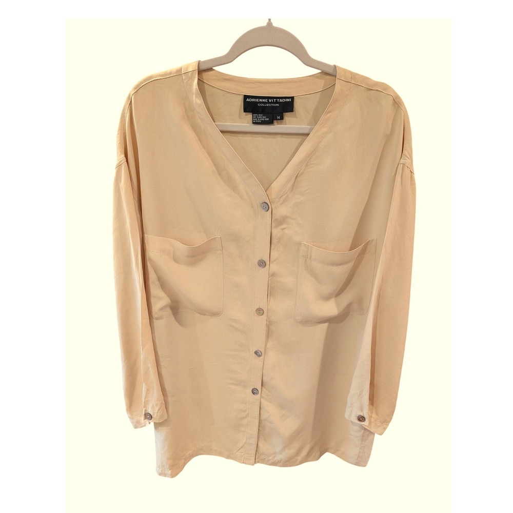 Adrienne Vittadini Silk Blouse Button Down  Pale Yellow V-Neck Pockets Sz Medium